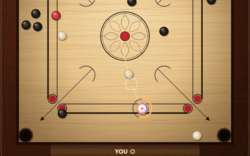 A carrom board with the striker on the baseline lined up on a white coin